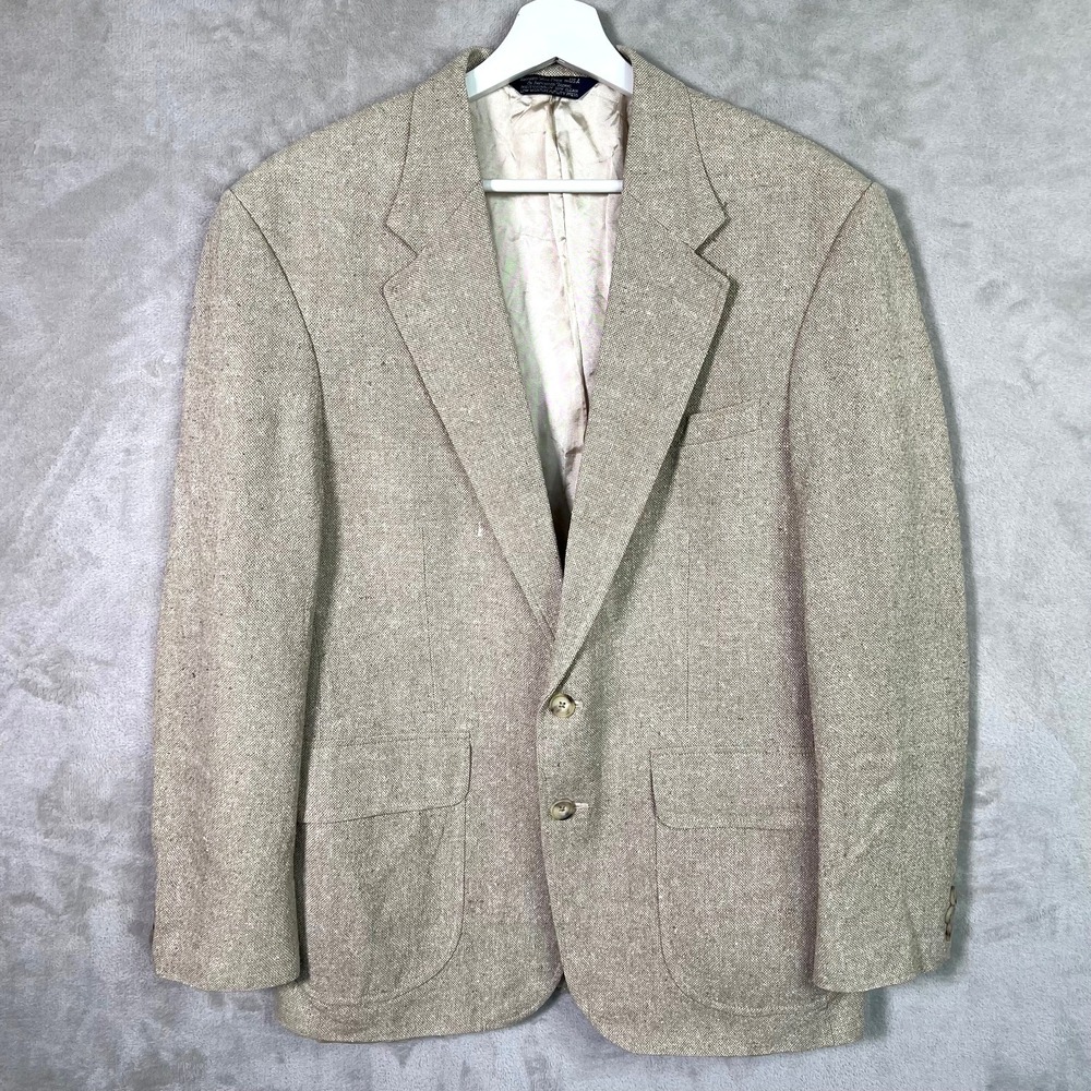VTG 90s Lands' End Silk‎ Sport Coat Blazer Men 41R Beige Prep Coastal USA